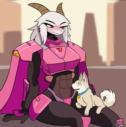 anthro armor blush city collar duo ear_piercing ears_down eyebrows eyelashes female feral fur horn looking_down male outside piercing pivoted_ears red_eyes sitting sitting_on_another sky white_body white_fur gorgonlurker canid canine canis domestic_dog mammal absurd_res hi_res