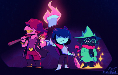 ambiguous_gender anthro armband axe black_body black_fur blue_body blue_hair blue_skin boots bottomwear bracelet clothed clothing colored_fire eyewear female fire flaming_axe footwear fur glasses green_clothing green_robe group hair hair_over_eyes hat headgear headwear jacket jewelry male melee_weapon open_clothing open_jacket open_topwear pants pink_fire pink_scarf purple_body purple_hair robe scarf shoes spiked_armband spiked_bracelet spikes sword teeth topwear weapon witch_hat stellizard deltarune undertale_(series) kris_dreemurr ralsei susie_(deltarune) bovid caprine goat human mammal scalie hi_res