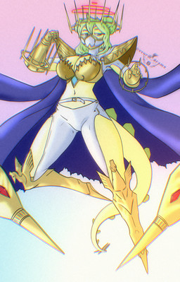5_fingers abstract_background anthro armor belt_buckle big_breasts blue_eyes breasts buckle cleavage clothed clothing cosplay crossover_cosplay curvy_figure double_bun eyelashes female fingers gold_boots gold_gloves gold_pauldron green_hair hair hair_bun long_hair long_tail looking_at_viewer mask navel pauldron scales solo spiked_tail spikes spikes_(anatomy) tail text thick_thighs voluptuous voluptuous_anthro voluptuous_female yellow_body yellow_scales vvurm_drama bandai_namco cavemanon_studios digimon goodbye_volcano_high ko_op_(game_developer) snoot_game stella_(gvh_beta) digimon_(species) dinosaur junomon ornithischian prehistoric_species reptile scalie stegosaurian stegosaurus thyreophoran 2026 absurd_res anaglyph artist_name crossover digital_drawing_(artwork) digital_media_(artwork) hi_res stereogram watermark