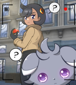 accessory ambiguous_gender anthro black_hair blue_eyes bottomwear brown_body brown_skin building camera_view city close-up clothed clothing duo emotionless female fur gloves grey_body grey_fur hair hair_accessory handwear holding_object holding_pokeball jacket looking_at_viewer low-angle_view out_of_focus pants photobomb pokeball purple_eyes question_mark recording topwear voyeur_pov muis0802 nintendo pokemon pokemon_legends_z-a emma_(pokemon) espurr felid feline generation_6_pokemon human mammal pokemon_(species) hi_res