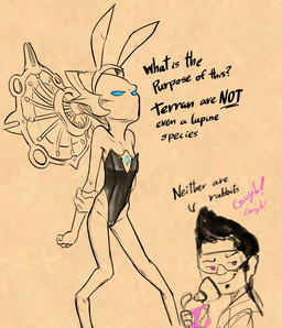 4_fingers age_difference aged_down anthro arms_out black_hair blue_eyes camel_toe clothed clothing dialogue digitigrade drugs eyewear female fingers flat_chested glowing glowing_eyes goggles goggles_on_face hair hands_behind_back headdress highleg highleg_leotard holding_arm inhaler leotard male mouthless navel older_human older_male purple_eyes rabbit_ears skimpy smug standing text unimpressed young young_female younger_anthro younger_female soulcentinel blizzard_entertainment starcraft egon_stetmann rohana alien human mammal protoss english_text