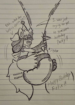 anthro birthday clothing dialogue duo hanging_from_uvula hat headgear headwear male party_hat unwilling_prey uvula uvula_grab gencario blue_sky_studios ice_age_(series) nintendo pokemon fan_character rudy_(ice_age) baryonyx dinosaur generation_4_pokemon lucario pokemon_(species) prehistoric_species reptile saurischian scalie spinosaurid theropod hi_res