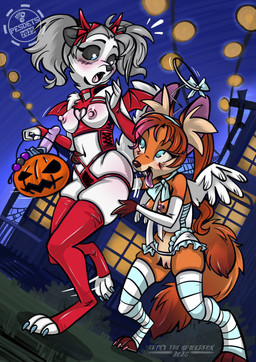 anthro bite blush breasts clothing costume duo feathered_wings feathers female female/female genitals halloween_bucket halloween_costume holidays humor latex latex_clothing legwear motion_lines nipples open_mouth pattern_clothing pattern_legwear red_clothing red_legwear red_stockings stockings striped_clothing striped_legwear stripes tongue tongue_out white_body wings pesdets trixythespiderfox halloween pesdets_(character) trixy_the_spiderfox_(character) arctic_fox canid canine fox mammal true_fox 2025 hi_res