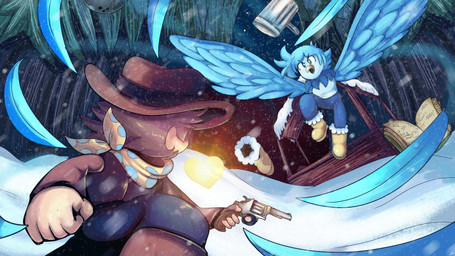 ambiguous_gender anthro battle blue_body blue_bottomwear blue_clothing blue_feathers blue_hair blue_pants book boots bottomwear clothed clothed_anthro clothed_female clothed_human clothing cowboy_hat detailed_background duo feathers female footwear fully_clothed fully_clothed_human gun hair handgun hat headgear headwear open_mouth pants ranged_weapon revolver shoes snow weapon winged_arms wings yellow_boots yellow_clothing yellow_footwear aeroartwork undertale_yellow clover_(undertale_yellow) martlet_(undertale_yellow) avian bird human mammal 16:9 2021 4k absurd_res digital_drawing_(artwork) digital_media_(artwork) english_description hi_res official_art widescreen