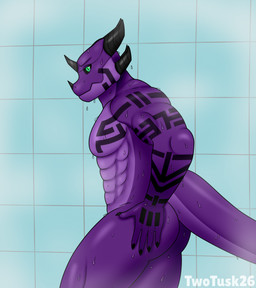 abs anthro arm_tattoo black_sclera claws green_eyes horn male muscular muscular_male pecs shower shower_room solo standing steam tail tattoo wet twotusk mythology dragon mythological_creature mythological_scalie scalie hi_res
