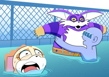 anthro asphyxiation drowning female fence fur group male overweight purple_body purple_fur swimming_pool trio water galaxy_cowboy sega sonic_the_hedgehog_(series) anon big_the_cat cream_the_rabbit domestic_cat felid feline felis lagomorph leporid mammal rabbit 2023 hi_res meme