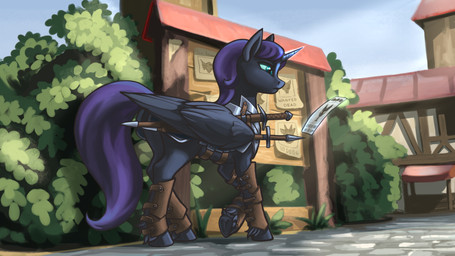 female feral hooves horn melee_weapon outside solo sword weapon wicher wings kirillk hasbro my_little_pony nyx_(pen_stroke) 16:9 hi_res widescreen