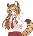 anthro black_stripes blush bottomwear breasts brown_hair clothed clothing ear_tuft female female_anthro fur furgonomics hair kemono long_hair looking_at_viewer multicolored_body multicolored_fur neck_tuft necktie red_bottomwear red_clothing red_necktie red_skirt school_uniform shirt simple_background skirt solo standing stripes tail tail_through_skirt topwear tuft two_tone_body two_tone_fur uniform white_background white_body white_clothing white_fur white_shirt white_topwear yellow_body yellow_eyes yellow_fur nachiwanko konatsu-chan felid mammal pantherine tiger 2021 hi_res