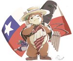 anthro biped black_nose brown_body chile chilean_flag clothed clothing flag food fruit grape hat headgear headwear kemono musical_instrument panpipes plant slightly_chubby solo 0ottotto0 canid canine canis domestic_dog mammal 2016