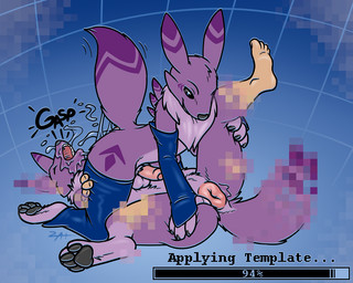 ambiguous_fluids anal anus assimilation clothing duo facesitting female female_on_bottom female_rimming_male genitals gloves handwear humanoid_genitalia humanoid_penis leggings legwear looking_at_anus male male/female male_facesitting_female male_on_top male_penetrated male_rimmed on_bottom on_top oral paws penetration penis puffy_anus rimming sex sitting_on_another species_transformation spread_legs spreading text transformation vulva zaigane bandai_namco digimon chevy_(zaigane) canid digimon_(species) digital_creature mammal renamon 5:4 english_text