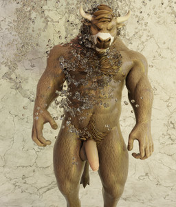 anthro beard big_penis brown_body brown_fur facial_hair foreskin fur genitals hair horn male muscular nipples nude pattern_background pecs penis rope simple_background solo water buruthebull bovid bovine cattle mammal 3d_(artwork) absurd_res digital_media_(artwork) hi_res