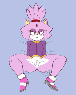 anthro black_nose blue_background bottomless breasts clothed clothing eyelashes female footwear forehead_gem fur gem genitals looking_at_viewer lying on_back pink_clothing pink_footwear pink_shoes purple_body purple_clothing purple_fur purple_topwear shoes simple_background solo spread_legs spreading thick_thighs topwear vulva white_body white_fur wide_hips yellow_eyes souley69 sega sonic_the_hedgehog_(series) blaze_the_cat domestic_cat felid feline felis mammal absurd_res hi_res