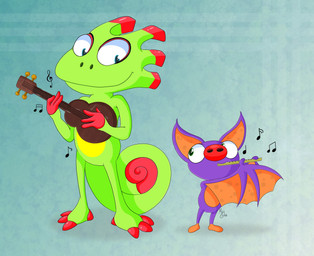 3_toes 4_fingers anthro arms_bent belly big_nose blue_background blue_eyes curled_tail duo featureless_crotch featureless_feet feet female feral fingers flute fur green_body green_eyes green_skin green_tail larger_anthro larger_male light long_tail lute male membrane_(anatomy) membranous_wings multicolored_body multicolored_fur multicolored_skin musical_instrument musical_note musical_symbol nude nude_anthro nude_female nude_feral nude_male orange_body orange_feet orange_fur orange_inner_ear orange_wings playing_flute playing_music playing_ukulele plucked_string_instrument purple_body purple_fur red_hands red_nose red_toes simple_background size_difference smaller_female smile smiling_at_another standing string_instrument symbol tail toes two_tone_body two_tone_fur ukulele wind_instrument wings woodwind_instrument yellow_belly mrgametv1994 playtonic_games yooka-laylee laylee yooka bat chameleon lizard mammal reptile scalie 2025 absurd_res cel_shading colored digital_drawing_(artwork) digital_media_(artwork) english_description hi_res lighting shaded signature