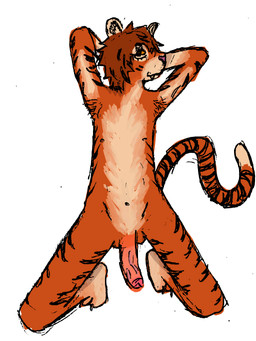 anthro dipstick_tail erection genitals kneeling long_penis male markings navel nipples nude orange_body penis simple_background slim solo striped_body stripes tail tail_markings vein veiny_penis white_background bleerghblegg felid mammal pantherine tiger 3:4 hi_res