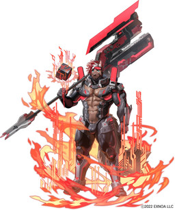 abs anthro armor axe axe_on_shoulder biceps boots bottomwear brown_body brown_fur bulge clothing cube_(object) fire footwear fur green_eyes hair holding_axe holding_melee_weapon holding_object holding_polearm holding_weapon inner_ear_fluff looking_at_viewer machine male melee_weapon muscular muscular_anthro muscular_male navel pecs polearm power_armor red_hair shoes smile smiling_at_viewer solo tail tuft visor weapon weapon_on_shoulder white_hair white_inner_ear_fluff wasp_(artist) crave_saga canid canine mammal 2022 5:6 hi_res