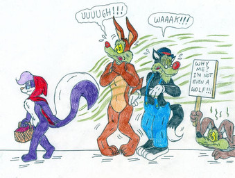 3_toes 4_fingers anthro asphyxiation barefoot basket belly bent_ears big_tail biped black_body black_fur black_nose blue_clothing blue_overalls blue_sclera bowler_hat brown_body brown_fur cape casual_nudity cheek_tuft chest_tuft chin_tuft choking claws clothed clothing container curling curvy_figure dialogue dipstick_tail disgust disgusted_expression disgusted_face eyebrows eyewear facial_tuft feet female fingers flat_chested fluffy fluffy_tail fur glasses gloves googly_eyes group half-closed_eyes handwear hat headgear headwear holding_basket holding_container holding_object holding_sign lying male markings multicolored_body multicolored_fur narrowed_eyes nipples nude on_front open_mouth overalls paws pecs pink_nipples plantigrade purple_body purple_fur raised_heel raised_tail red_cape red_clothing red_hood red_nose sign simple_background smelly smile speech_bubble spiral spiral_eyes standing_on_toes stink_fumes stink_lines tail tail_markings tan_belly tan_body tan_fur tan_inner_ear text thick_eyebrows tiptoes toe_claws toes toony topless topless_anthro topless_male tuft two_tone_body two_tone_feet two_tone_fur walking walking_away white_background white_belly white_body white_clothing white_fur white_gloves white_handwear white_inner_ear white_sclera white_tail_tip wide_eyed wide_hips yellow_sclera jose-ramiro animaniacs fairy_tales little_red_riding_hood_(copyright) looney_tunes tiny_toon_adventures warner_brothers fifi_la_fume little_red_riding_hood ralph_e._wolf walter_wolf wile_e._coyote canid canine canis coyote mammal mephitid skunk wolf 2011 colored colored_sketch english_text graphite_(artwork) sketch traditional_media_(artwork)