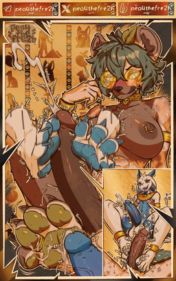 2_horns 4_toes abs anklet anthro armlet big_breasts blue_body blue_eyes blue_pawpads blue_penis blush bodily_fluids bracelet breasts brown_body brown_fur claws clothing cock_vore collar cum cum_on_feet cumshot cumshot_on_feet dark_nipples dark_penis disembodied_foot dripping duo ear_piercing egyptian egyptian_clothing ejaculation erection eyeshadow eyewear feet foot_fetish foot_play footjob fur genital_fluids genitals glasses gold_(metal) gold_anklet gold_armlet gold_bracelet gold_collar gold_glasses gold_jewelry gold_piercing gold_ring green_eyes green_hair green_pawpads green_tail grin gynomorph hair heart_symbol horn intersex intersex/male jewelry leaf leaf_tail looking_at_genitalia looking_at_penis makeup male metal_collar multicolored_body multicolored_fur muscular muscular_intersex navel pawpads penile penis penis_on_feet piercing precum precum_drip ring round_glasses sex smelly smile soles spiked_tail spikes spikes_(anatomy) sweat sweaty_feet tail tattoo text throbbing throbbing_penis toes tongue tongue_out twitching two_tone_body usekh vore white_body pea4thefre2h mythology oushin peacheart_(character) dragon hyena mammal mythological_creature mythological_scalie scalie absurd_res english_text hi_res