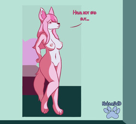 anthro areola big_breasts big_butt breasts butt female genitals hair long_hair nipples nude simple_background solo text thick_thighs vulva nokamiwd brand_new_animal studio_trigger nazuna_hiwatashi canid canine fox mammal digital_media_(artwork) english_text hi_res
