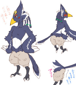 angry anthro beak blue_body blue_feathers blush braided_hair braided_ponytail chibi feathers featureless_crotch feet green_eyes hair male nude ponytail simple_background solo talons toes white_background yellow_beak kusachi breath_of_the_wild nintendo the_legend_of_zelda revali avian bird rito