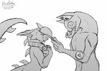 3:2 anthro big_fangs blep capcom cccat claws clothing collar collar_only digital_drawing_(artwork) digital_media_(artwork) dragon duo elder_dragon eyeball eyeless eyes_closed fangs flat_colors fluffy_hypocrite full-length_portrait hat headgear headwear horn hybrid kobold lizard male male/male monochrome monster_hunter mythological_creature mythological_scalie mythology nergigante nude portrait prick_ears reptile scales scalie sharp_teeth side_view signature simple_background smile speaker spiked_collar spikes tail teeth text tongue tongue_out toothy_grin tusks white_background