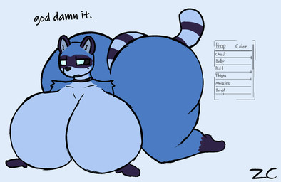 annoyed anthro attribute_slider big_breasts blue_body blue_fur body_modification body_slider breast_expansion breasts butt butt_expansion expansion female fur huge_breasts hyper hyper_breasts machine solo zerocloak ali_(zerocloak) mammal procyonid raccoon robot hi_res busty_boy_(lore) male_(lore)