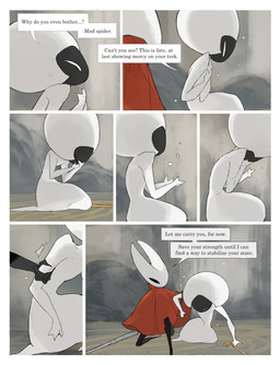 anthro biped black_body black_eyes bodily_fluids cloak clothing detailed_background dialogue duo empty_eyes eyes_closed female female_anthro female_humanoid hornet's_needle kneeling looking_at_another mouthless narrowed_eyes pain red_cloak red_clothing speech_bubble sweat sweatdrop talking_to_another text white_body white_eyes darkdog hollow_knight:_silksong hollow_knight_(franchise) team_cherry hornet_(hollow_knight) lace_(hollow_knight:_silksong) arthropod humanoid 2025 absurd_res comic digital_drawing_(artwork) digital_media_(artwork) english_text hi_res