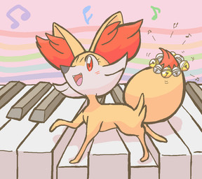 ambiguous_feral ambiguous_gender bell blush cute_fangs detailed_background digitigrade dipstick_tail eyelashes fangs feral jingle_bell keyboard_instrument markings musical_instrument musical_note musical_symbol open_mouth open_smile piano playing_music quadruped side_view smile snout solo symbol tail tail_markings teeth tongue gd-058 nintendo pokemon canid fennekin generation_6_pokemon mammal pokemon_(species) 2017 aliasing binary_drawing colored_sketch digital_drawing_(artwork) digital_media_(artwork) full-length_portrait japanese_description portrait sketch translated_description unavailable_at_source female_(lore)