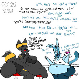 alcohol anthro bar belly beverage big_belly big_breasts big_butt black_body black_eyes blue_body blue_eyes blue_fur blue_hair bottomwear breasts butt clothed clothing dialogue drunk duo female fur hair huge_belly huge_breasts huge_butt huge_thighs hyper hyper_butt markings midriff morbidly_obese morbidly_obese_anthro morbidly_obese_female multicolored_body obese obese_anthro obese_female overweight overweight_anthro overweight_female purple_eyes red_sclera shorts simple_background smile stretch_marks substance_intoxication text thick_thighs topwear weight_gain weight_gain_sequence yellow_body zandyzolo nintendo pokemon vi_(zandyzolo) eeveelution generation_2_pokemon generation_4_pokemon glaceon pokemon_(species) umbreon 1:1 hi_res