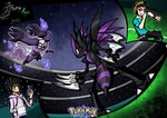 anthro black_body claws fight group male purple_body wings jhony_ryu fakemon nintendo pokemon pokemon_reloaded fakeveelution human mammal phanteon pokemon_(species) scyclaw