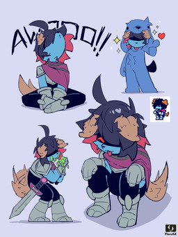 alternate_species anthro anthrofied armor awoo biped black_hair blep blue_body blue_fur breastplate brown_body brown_fur clothing crouching eating fur gauntlets gloves greaves hair handwear heart_symbol male melee_weapon moss onesie pauldron plant red_eyes sitting smile solo sparkles standing sword tongue tongue_out weapon flarinthk deltarune undertale_(series) kris_(deltarune) canid canine canis domestic_dog mammal 2025 3:4 absurd_res digital_media_(artwork) hi_res reference_image nonbinary_(lore)