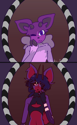 accessory anthro arm_warmers armwear biped blue_eyes cleavage_cutout clothed clothing crop_top cutout femboy fingerless_gloves fur fur_tuft gloves hair hair_accessory handwear heterochromia hooves horn keyhole_turtleneck legwear looking_at_mirror looking_at_object looking_at_viewer magenta_body magenta_fur makeup male mirror one_eye_closed open_mouth pattern_arm_warmers pattern_armwear pattern_clothing pattern_legwear pattern_thigh_highs ponytail purple_body purple_clothing purple_eyes purple_hair raised_arm red_body red_eyes red_fur shirt simple_background solo striped_arm_warmers striped_armwear striped_clothing striped_legwear striped_thigh_highs stripes sweater thigh_highs topwear touching_face tuft turtleneck aujko lyg_(aujko) deer mammal new_world_deer pudu hi_res