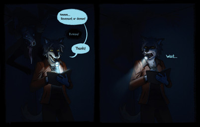 anthro book comic_panel dark dialogue duo flashlight holidays horror_(theme) humor male scary shadow sketchbook tail ekvilion ghostbusters halloween phasmophobia canid canine canis cryptid ghost mammal revenant spirit undead wolf absurd_res comic hi_res