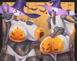 4_fingers big_breasts big_butt bodily_fluids body_writing bodypaint breasts butt clothing curvy_figure exposed_breasts female fingers genital_fluids genitals gesture hand_gesture hat headgear headwear holidays hourglass_figure huge_breasts machine metallic_body multiple_angles nude nude_female solo v_sign vaginal_fluids vulva wet witch_hat womb_tattoo yellow_eyes civilcrackhead halloween the_wild_robot roz_(the_wild_robot) humanoid robot robot_humanoid hi_res