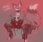 4_toes anthro bell bell_collar black_collar black_pasties blood blood_on_arm blood_on_body blood_on_breast blood_on_ear blood_on_face blood_on_feet blood_on_fur blood_on_hand blood_on_leg blood_on_tail bodily_fluids breasts brown_arms brown_legs cheek_tuft circle_eyebrows collar countershade_torso countershading covered_in_blood dipstick_tail exclamation_point eyebrows eyelashes eyes_closed facial_tuft feet female female_anthro fluffy fluffy_tail fur good_girl head_tuft inner_ear_fluff markings multicolored_arms multicolored_ears multicolored_legs multicolored_tail muscular muscular_anthro muscular_female offscreen_character outline pasties pink_text red_background red_outline simple_background smile solo spread_legs spreading tail tail_markings tail_motion tailwag tan_arms tan_body tan_ears tan_fur tan_legs tan_tail tan_tuft text toes tuft two_tone_arms two_tone_ears two_tone_legs white_body white_breasts white_countershading white_eyebrows white_inner_ear_fluff white_snout white_tail_tip white_toes starreuges bb_(starreuges) canid canine mammal english_text hi_res