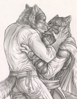 anthro armor beads bracers claws cloak clothed clothing duo eyes_closed finger_claws fully_clothed fur furgonomics hand_on_partner's_head inner_ear_fluff kissing looking_at_another looking_at_partner male male/male neck_tuft prayer_beads rosary scar tail tuft whisker_spots rukis hearttheft red_lantern_universe isidor_(rukis) malachi_(rukis) akita canid canine canis domestic_dog mammal spitz wolf 2023 greyscale hi_res monochrome traditional_media_(artwork)