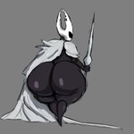 anthro armor big_butt black_body butt cloak clothing dark_body exoskeleton grey_background holding_object holding_weapon hollow_eyes huge_butt male no_pupils rear_view silver_(metal) silver_armor silver_clothing simple_background slightly_chubby solo thick_thighs weapon white_head wide_hips nauiho hollow_knight team_cherry pure_vessel_(hollow_knight) arthropod insect