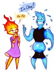 blue_eyes clothed clothing dress female fire flaming_hair liquid_hair male not_furry orange_eyes pseudo_hair shirt simple_background smile t-shirt topwear water white_background skeletalheart disney elemental_(pixar) pixar ember_lumen wade_ripple elemental_creature elemental_humanoid fire_creature fire_humanoid humanoid water_creature water_humanoid hi_res