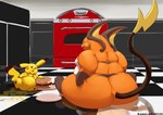 anthro appliance belly big_belly big_butt burger butt duo eating eating_food female feral food fur huge_butt kitchen kitchen_appliance male male/female nude obese obese_anthro obese_female obese_male oven overweight overweight_anthro overweight_female overweight_male sitting sitting_on_ground size_difference kazecat nintendo pokemon cocoa_(cheesecaker) sparks_(cheesecaker) generation_1_pokemon mammal pikachu pokemon_(species) raichu rodent 2015