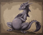 abstract_background ambiguous_gender belly big_belly eyes_closed feral horn simple_background sitting solo spread_legs spreading tail oliverfox mythology dragon mythological_creature mythological_scalie scalie