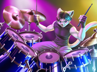 anthro bass_drum black_hair black_undershirt blue_eyes bottomwear clothing cymbals denim denim_bottomwear denim_clothing drum drum_set drumstick_(musical) fingerless_gloves fur gloves grey_body grey_bottomwear grey_clothing grey_fur grey_jeans grey_pants hair handwear hi-hat jeans male musical_instrument pants percussion_instrument sitting snare_drum solo tom_drum pak009 gojiro_(pak009) domestic_cat felid feline felis mammal russian_blue 4:3