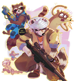 anthro arm_tuft barefoot boots bottomwear brown_body brown_fur clothing ear_piercing ear_ring elbow_tuft facial_markings facial_piercing feet footwear fur group gun head_markings kerchief kneeling male markings mask_(marking) neckerchief neckwear nose_piercing nose_ring pants piercing ranged_weapon red_eyes rifle ring_piercing scope shoes shoulder_tuft sniper_rifle trash_can_lid trio tuft weapon whiskers its_stardog cartoon_network epic_games fortnite guardians_of_the_galaxy marvel regular_show rigby_(regular_show) rocket_raccoon rufus_(fortnite) mammal procyonid raccoon 2026 absurd_res hi_res