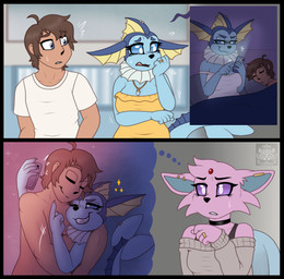 anthro bed blue_eyes bodily_fluids cellphone choker clothing confession digit_ring dress ear_piercing electronics eyelashes eyes_closed feet female fin fin_piercing freckled_face freckles furgonomic_piercing furgonomics furniture gesture grin group hand_gesture holding_object holding_phone hug husband_and_wife inside jewelry long_eyelashes male male/female married_couple middle_finger mystic_water necklace nervous nude phone piercing pillow purple_eyes ring selfie shaking shirt sleeping smartphone smile smug sofa speech_bubble spoiler sweat t-shirt tail tail_piercing thought_bubble topwear trembling trio tuft wedding_ring luca_lyesend nintendo pokemon dylan_(gammainks) valerie_(gammainks) vanessa_(gammainks) eeveelution espeon generation_1_pokemon generation_2_pokemon human mammal pokemon_(species) vaporeon comic hi_res