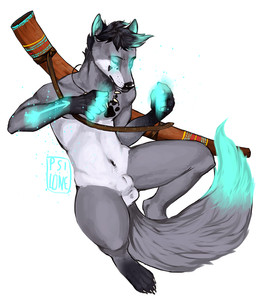 animal_genitalia anthro athletic athletic_anthro athletic_male balls black_body black_fur black_hair black_sheath_slit closed_sheath_slit didgeridoo dipstick_tail footprint fully_sheathed fur genitals glowing glowing_eyes glowing_markings grey_body grey_fur hair jewelry male male_anthro markings musical_instrument necklace necklace_only nude nude_anthro nude_male pawprint pawprint_(marking) sheath sheath_slit simple_background solo spread_legs spreading tail tail_markings teal_body teal_eyes teal_fur tribal whisker_spots white_background wind_instrument i-psilone canid canine canis mammal wolf 2017