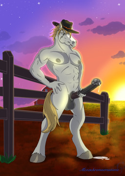 abs afternoon animal_genitalia animal_penis anthro balls barn big_balls black_clothing black_hat black_headwear black_penis blonde_hair bodily_fluids clothing cloud cowboy_hat dripping equine_genitalia equine_penis erection farm fence fur genital_fluids genitals grass green_eyes grey_body grey_fur hair hand_on_hip hat hat_only headgear headgear_only headwear headwear_only hooves male mostly_nude nipples penis plant precum precum_drip precum_on_ground purple_background scar simple_background sky skyscape solo standing star stroking_penis tail monochromecreations gray_(gray_the_horse) equid equine mammal hi_res