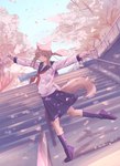 5_fingers anthro bottomwear cherry_blossom cherry_blossom_tree cherry_tree clothing female fingers flower footwear fruit_tree hair leaf plant pose prunus_(flower) school_uniform shoes skirt solo spring stairs tail tree uniform mametunu canid canine canis mammal wolf 2022 absurd_res digital_drawing_(artwork) digital_media_(artwork) hi_res