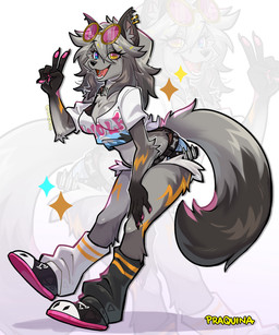 5_fingers anthro biped blue_eyes bottomwear bra breasts claws clothed clothed_anthro clothed_female clothing ear_piercing eyewear female finger_claws fingers footwear fully_clothed fully_clothed_anthro fully_clothed_female fur glasses grey_body grey_fur grey_hair grey_tail hair handpaw heterochromia inner_ear_fluff looking_at_viewer open_mouth open_smile pants paws piercing shoes simple_background smile socks solo standing tail teeth tongue topwear tuft underwear yellow_eyes praquina epic_games fortnite wolfie_(fortnite) canid canine canis mammal wolf 2026 digital_drawing_(artwork) digital_media_(artwork) hi_res