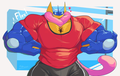 abs anthro biceps big_muscles bottomwear clothing flexing heart_symbol huge_muscles hyper hyper_muscles male muscular muscular_anthro muscular_male pants pecs pink_eyes scar scarf shirt solo tight_clothing topwear unusualboo54 nintendo pokemon zen_(unusualboo54) amphibian frog generation_6_pokemon greninja pokemon_(species) absurd_res hi_res
