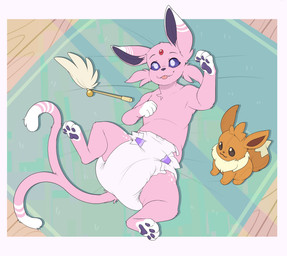 4_fingers 4_toes ambiguous_gender anthro black_nose blue_sclera blush blush_lines border cat_toy cheek_tuft clean_diaper cleft_tail clothed clothing detailed_background diaper diaper_only dipstick_ears dipstick_tail ear_markings facial_tuft fangs feet fingers floor forehead_gem fur gem gloves_(marking) high-angle_view leg_markings looking_at_viewer looking_up looking_up_at_viewer lying markings multicolored_body multicolored_ears multicolored_fur on_back pawpads pink_body pink_fur pokemon_plushie purple_inner_ear purple_pawpads rug smile socks_(marking) solo star_(marking) striped_body striped_ears striped_fur striped_markings striped_tail stripes tail tail_markings teeth toes tongue tongue_out topless tuft two_tone_body two_tone_fur wearing_diaper white_body white_border white_diaper white_ear_tips white_fur white_stripes white_tail_tip wood wood_floor bubblepuppers nintendo pokemon momo_(momousedcrinkle) eevee eeveelution espeon generation_1_pokemon generation_2_pokemon pokemon_(species) 2025 hi_res