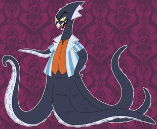 8_tentacles anthro beak black_body clothed clothing horizontal_pupils legless male open_mouth orange_clothing orange_shirt orange_topwear pattern_background pattern_clothing pattern_shirt pattern_topwear pupils sharp_teeth shirt simple_background solo striped_clothing striped_shirt striped_topwear stripes suckers teeth tentacle_arms topwear white_eyes yellow_sclera poparc_nsfw hazbin_hotel hellaverse edwin_(poparc_nsfw) fan_character aquatic cephalopod coleoid demon mollusk octopodiform sinner_demon 2025 hi_res model_sheet