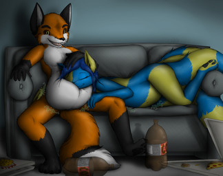 anthro belly beverage beverage_bottle big_belly bottle box cola container duo female female_anthro food furniture lying_on_another overweight overweight_anthro overweight_female pizza pizza_box soda soda_bottle soda_inflation sofa pingthehungryfox canid canine fox mammal hi_res